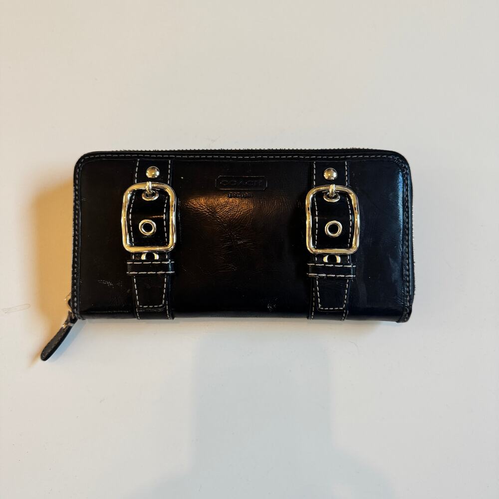 Vintage Coach Soho Zoe Double Buckle Leather Zip Around Accordion Wallet Black